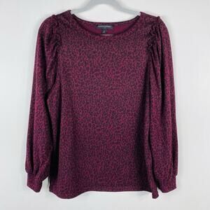 Banana Republic Size Medium Leopard Animal Print Ruffle Detail Sweater Maroon